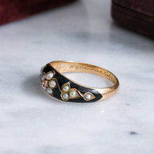 Load image into Gallery viewer, Antique Victorian 18K Yellow Gold Pearl and Diamond Enamel Forget-Me-Not Mourning Ring