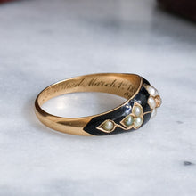 Load image into Gallery viewer, Antique Victorian 18K Yellow Gold Pearl and Diamond Enamel Forget-Me-Not Mourning Ring