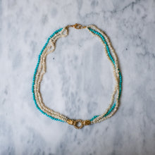 Load image into Gallery viewer, Vintage 14K Yellow Gold 3-Row Cultured Seed Pearls and Turquoise Strand Panther Collier Necklace
