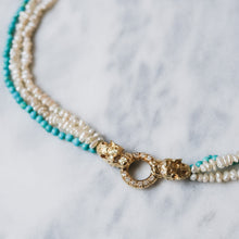 Load image into Gallery viewer, Vintage 14K Yellow Gold 3-Row Cultured Seed Pearls and Turquoise Strand Panther Collier Necklace