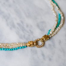 Load image into Gallery viewer, Vintage 14K Yellow Gold 3-Row Cultured Seed Pearls and Turquoise Strand Panther Collier Necklace
