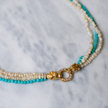 Load image into Gallery viewer, Vintage 14K Yellow Gold 3-Row Cultured Seed Pearls and Turquoise Strand Panther Collier Necklace