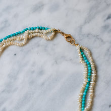 Load image into Gallery viewer, Vintage 14K Yellow Gold 3-Row Cultured Seed Pearls and Turquoise Strand Panther Collier Necklace