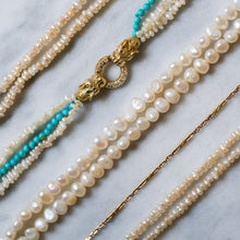 Load image into Gallery viewer, Vintage 14K Yellow Gold 3-Row Cultured Seed Pearls and Turquoise Strand Panther Collier Necklace