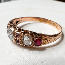 Load image into Gallery viewer, Victorian 15K Rose Gold Diamond Amethyst and Ruby Ring Size US 7.5 / UK O.5