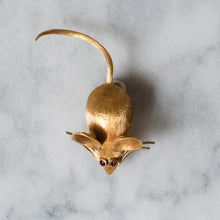 Load image into Gallery viewer, Vintage Brushed 18K Yellow Gold with Ruby Eyes Mouse Brooch by Merrin
