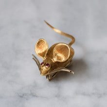 Load image into Gallery viewer, Vintage Brushed 18K Yellow Gold with Ruby Eyes Mouse Brooch by Merrin
