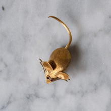 Load image into Gallery viewer, Vintage Brushed 18K Yellow Gold with Ruby Eyes Mouse Brooch by Merrin
