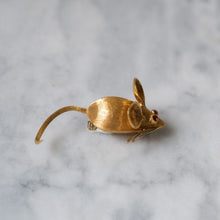 Load image into Gallery viewer, Vintage Brushed 18K Yellow Gold with Ruby Eyes Mouse Brooch by Merrin
