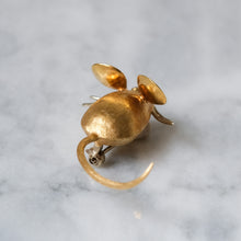 Load image into Gallery viewer, Vintage Brushed 18K Yellow Gold with Ruby Eyes Mouse Brooch by Merrin
