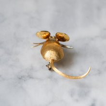 Load image into Gallery viewer, Vintage Brushed 18K Yellow Gold with Ruby Eyes Mouse Brooch by Merrin
