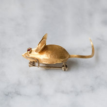 Load image into Gallery viewer, Vintage Brushed 18K Yellow Gold with Ruby Eyes Mouse Brooch by Merrin
