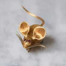 Load image into Gallery viewer, Vintage Brushed 18K Yellow Gold with Ruby Eyes Mouse Brooch by Merrin
