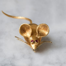 Load image into Gallery viewer, Vintage Brushed 18K Yellow Gold with Ruby Eyes Mouse Brooch by Merrin
