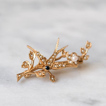 Load image into Gallery viewer, Vintage 9K Yellow Gold Seed Pearl &amp; Sapphire Swallow Brooch
