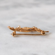 Load image into Gallery viewer, Vintage 9K Yellow Gold Seed Pearl &amp; Sapphire Swallow Brooch
