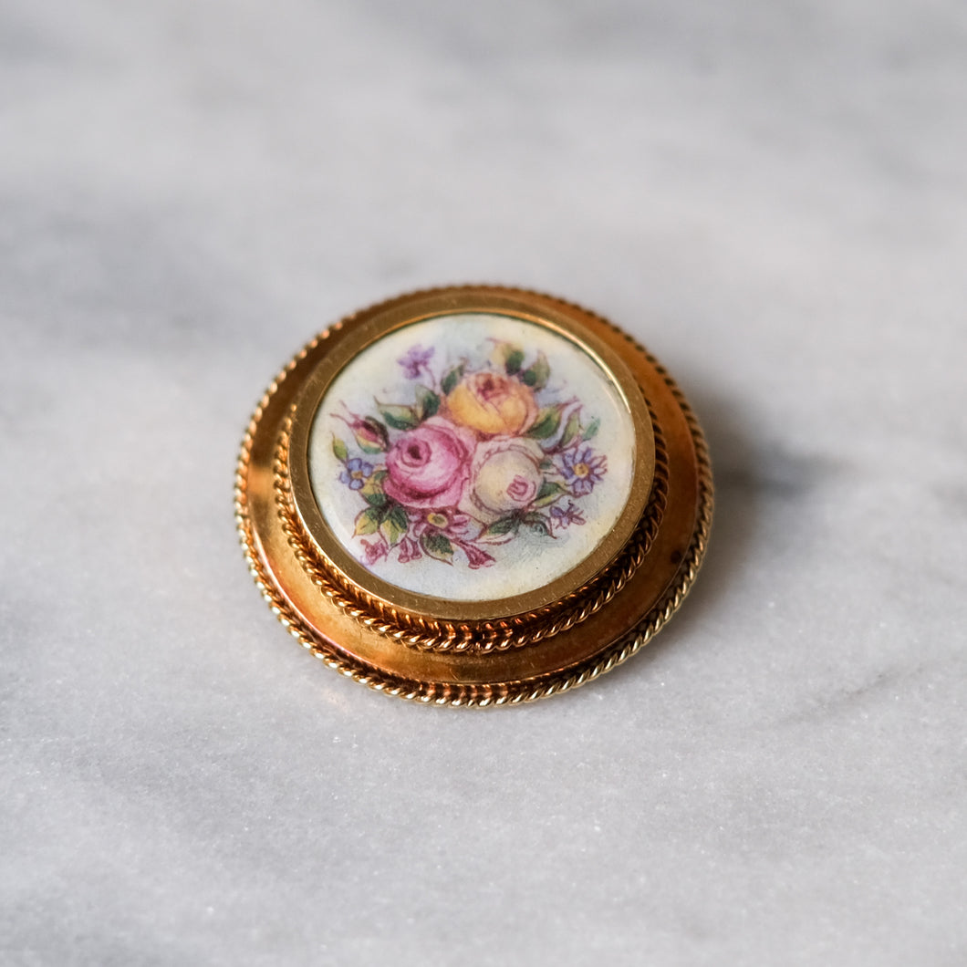 Antique 14K Rosy Gold Hand-Painted Floral Roses Brooch