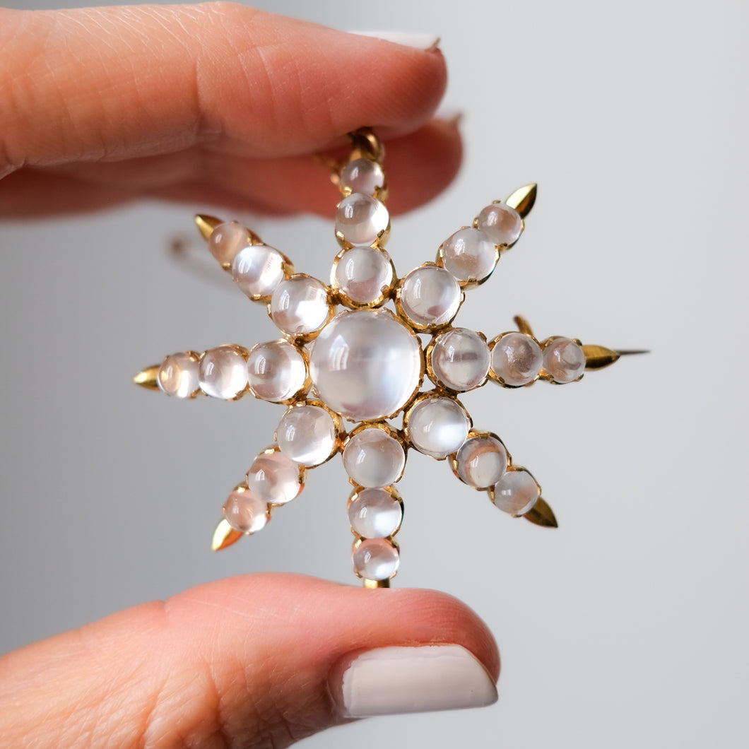 Victorian 15K Yellow Gold Starburst Moonstone Brooch