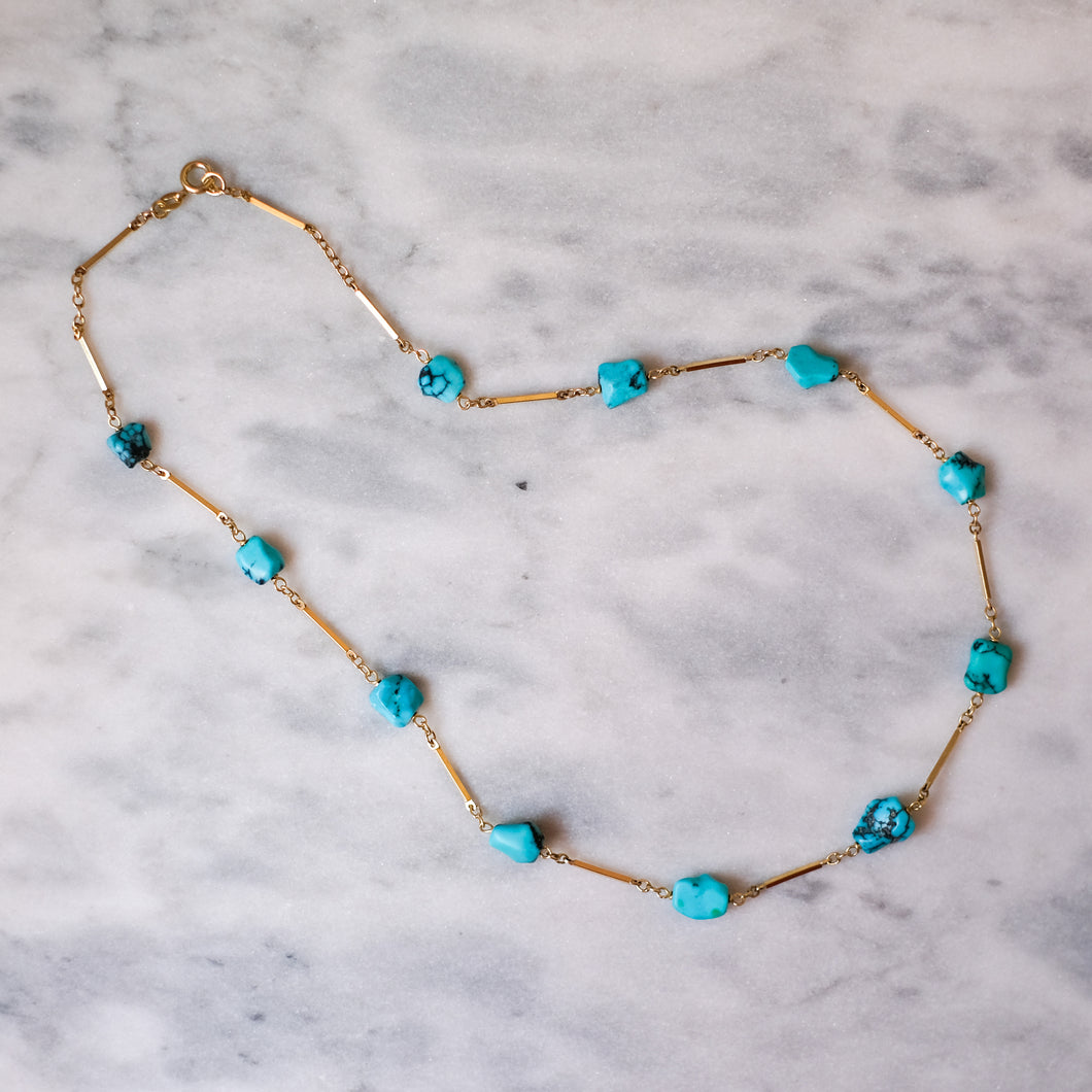 Vintage 14K Yellow Gold Bar-Link and Turquoise Station Necklace