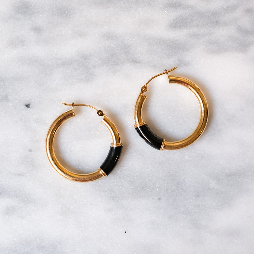 14K Yellow Gold Black Onyx Hoop Earrings