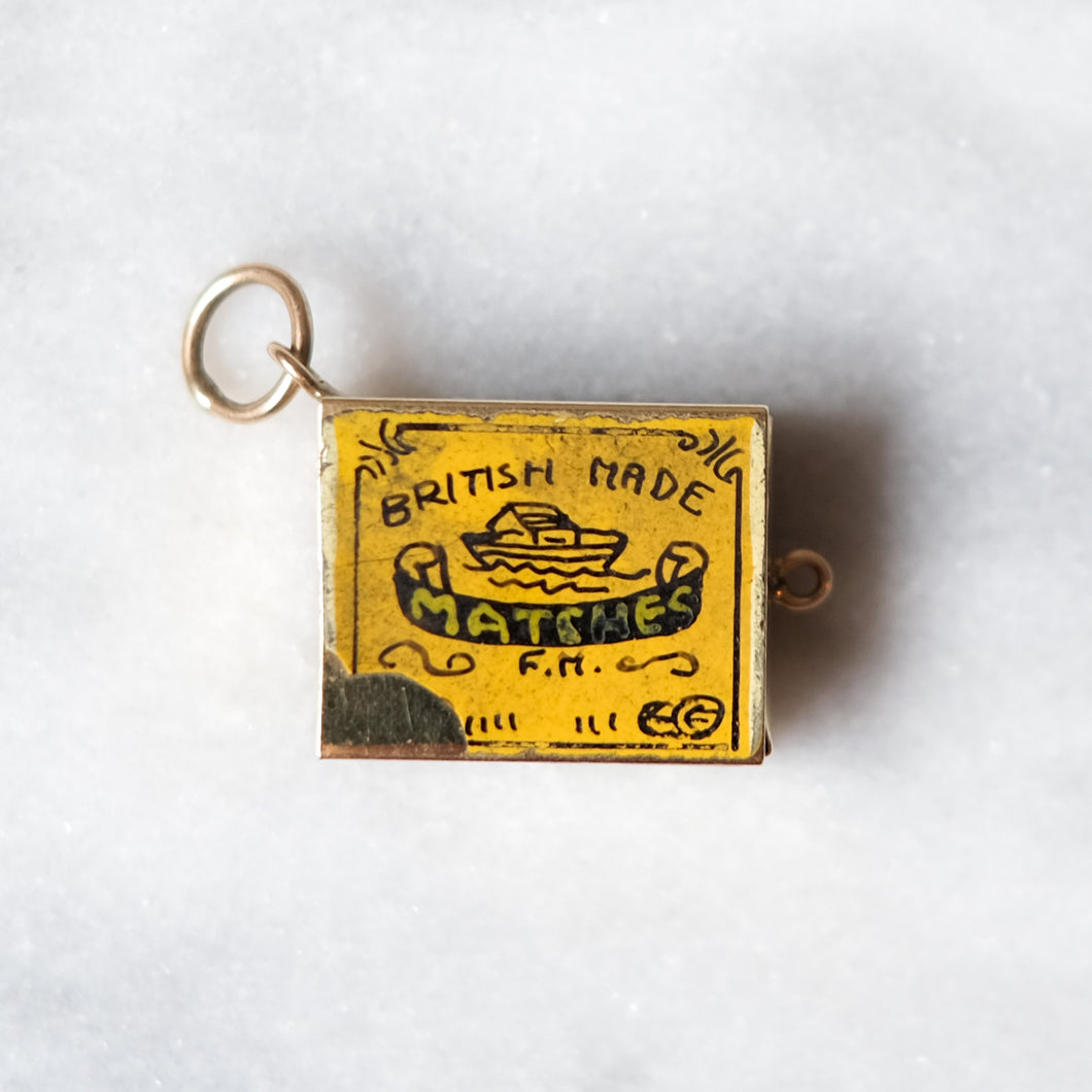 Vintage 9K Yellow Gold Enamel Match Box Charm