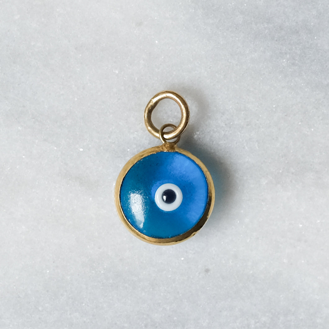 14K Yellow Gold Blue Glass Evil Eye Charm