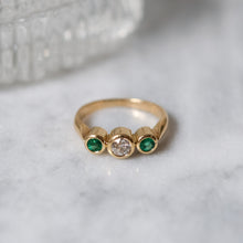 Load image into Gallery viewer, Antique 14K Yellow Gold Diamond and Emeralds Trilogy Ring
