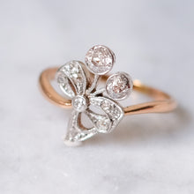 Load image into Gallery viewer, Antique Belle Epoque 14K Rose Gold and Platinum Diamond Bow Ring
