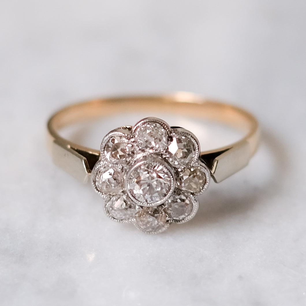 Antique 14K Yellow and White Gold Diamond Daisy Cluster Ring