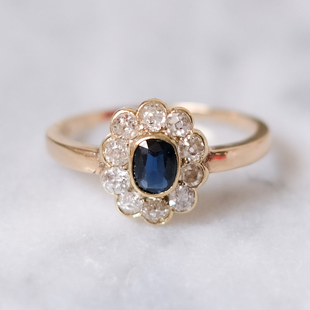 Antique 14K Yellow Gold Sapphire and Diamond Halo Ring