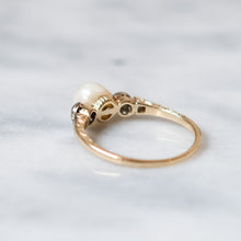 Load image into Gallery viewer, Art Deco 14K Yellow Gold Three-Stone Pearl and Diamond Ring
