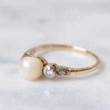 Load image into Gallery viewer, Art Deco 14K Yellow Gold Three-Stone Pearl and Diamond Ring
