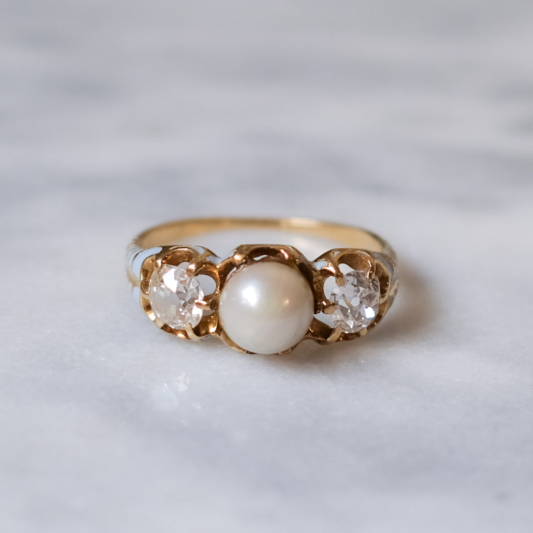 Victorian 18K Yellow Gold Pale Blue Enamel Three-Stone Pearl and Diamond Ring