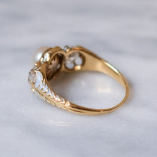 Load image into Gallery viewer, Victorian 18K Yellow Gold Pale Blue Enamel Three-Stone Pearl and Diamond Ring
