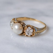 Load image into Gallery viewer, Victorian 18K Yellow Gold Pale Blue Enamel Three-Stone Pearl and Diamond Ring
