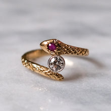 Load image into Gallery viewer, Art Deco 14K Yellow Gold Diamond and Ruby Toi et Moi Snake Ring
