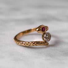 Load image into Gallery viewer, Art Deco 14K Yellow Gold Diamond and Ruby Toi et Moi Snake Ring
