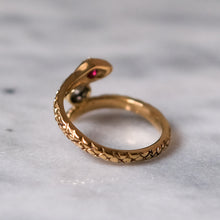 Load image into Gallery viewer, Art Deco 14K Yellow Gold Diamond and Ruby Toi et Moi Snake Ring
