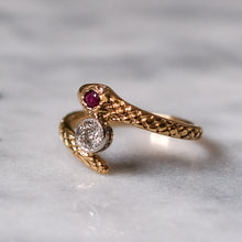 Load image into Gallery viewer, Art Deco 14K Yellow Gold Diamond and Ruby Toi et Moi Snake Ring
