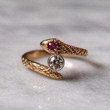 Load image into Gallery viewer, Art Deco 14K Yellow Gold Diamond and Ruby Toi et Moi Snake Ring
