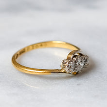 Load image into Gallery viewer, Antique 18K Yellow Gold and Platinum Past Present Future Diamond Cross Over Trilogy Ring
