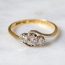 Load image into Gallery viewer, Antique 18K Yellow Gold and Platinum Past Present Future Diamond Cross Over Trilogy Ring
