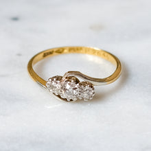 Load image into Gallery viewer, Antique 18K Yellow Gold and Platinum Past Present Future Diamond Cross Over Trilogy Ring
