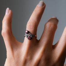 Load image into Gallery viewer, Antique Art Deco 18K Rose Gold with Silver Ruby and Diamond Swirl Ring
