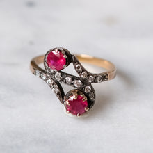 Load image into Gallery viewer, Antique Art Deco 18K Rose Gold with Silver Ruby and Diamond Swirl Ring
