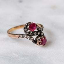 Load image into Gallery viewer, Antique Art Deco 18K Rose Gold with Silver Ruby and Diamond Swirl Ring
