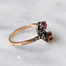 Load image into Gallery viewer, Antique Art Deco 18K Rose Gold with Silver Ruby and Diamond Swirl Ring
