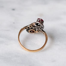 Load image into Gallery viewer, Antique Art Deco 18K Rose Gold with Silver Ruby and Diamond Swirl Ring
