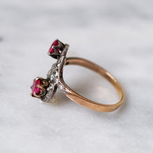 Load image into Gallery viewer, Antique Art Deco 18K Rose Gold with Silver Ruby and Diamond Swirl Ring
