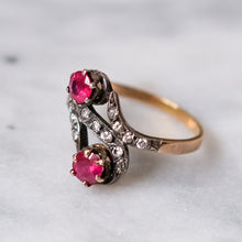 Load image into Gallery viewer, Antique Art Deco 18K Rose Gold with Silver Ruby and Diamond Swirl Ring
